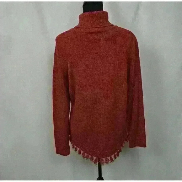 Denim Moves Womens Med Red Sweater Turtle Neck Floral Embroidery Fringe Hem - Picture 11 of 11